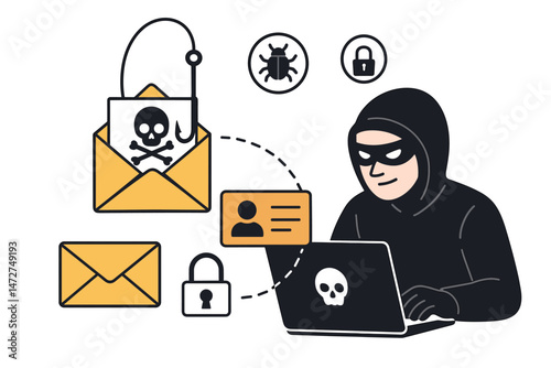 Cybersecurity concept vector showing hacker phishing attack via email scam to steal personal data and identity, includes malware, security lock, and user profile icons.