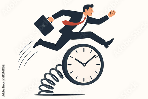 Minimalist vector art depicting a deadline jump, representing overcoming business challenges, achieving goals, time management success, and the urgency of project completion fast.