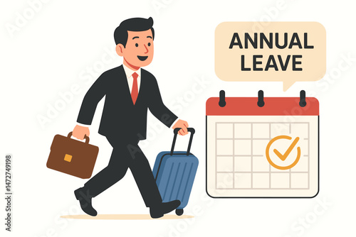 Smiling businessman character in suit walking with luggage and briefcase, heading for annual leave holiday, calendar marks approved vacation day, happy employee travel concept vector.