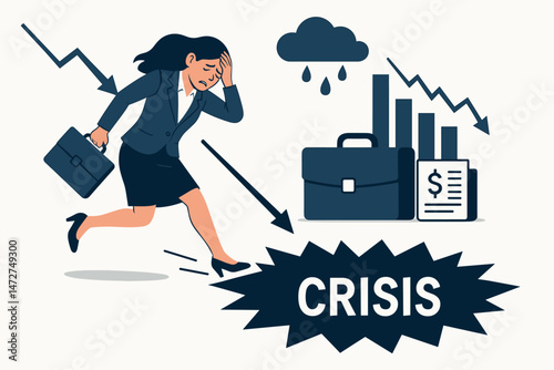 Businesswoman Facing Financial Crisis Vector Art: Stressed female executive runs from economic recession symbolised by falling charts, downward arrows, and storm cloud metaphor.