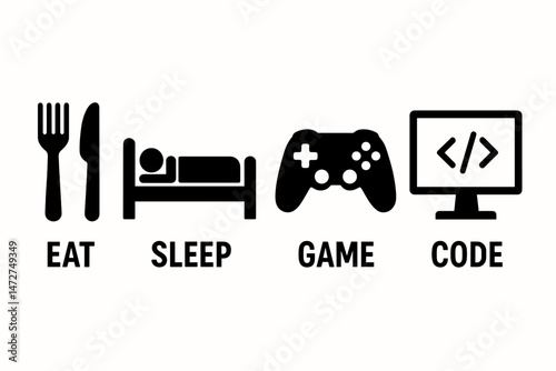 Eat, Sleep, Game, Code: Minimalist vector icon set illustrating the daily cycle and dedicated lifestyle of a video gamer and computer coder or software developer profession.