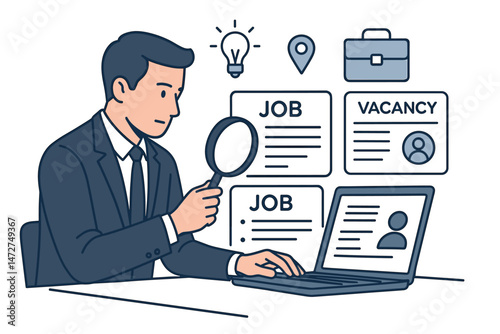 Professional businessman using laptop and magnifying glass to search online job vacancies, exploring career opportunities and recruitment websites for employment prospects and new positions.