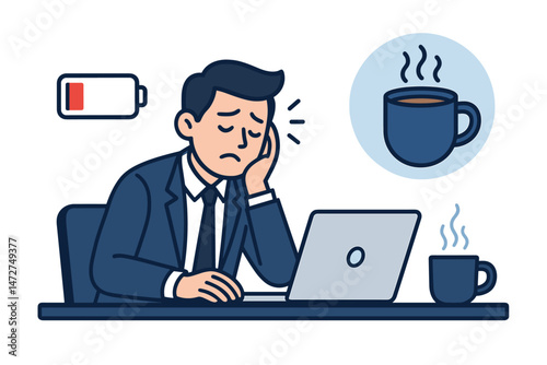 Tired businessman feeling exhausted at his desk, low battery icon symbolizing burnout and the urgent need for a coffee break to recharge energy levels. Vector illustration concept.