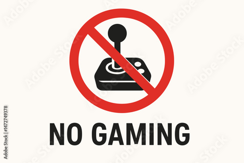No Gaming prohibition sign vector illustration. Red circle restriction symbol with joystick icon indicating video games forbidden area. Warning notice for public spaces or workplace rules.