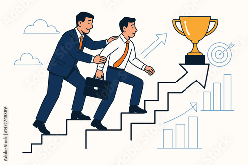 Businessman receiving guidance and support from mentor while climbing career ladder stairs towards success trophy and target goal, symbolizing growth and achievement vector illustration.