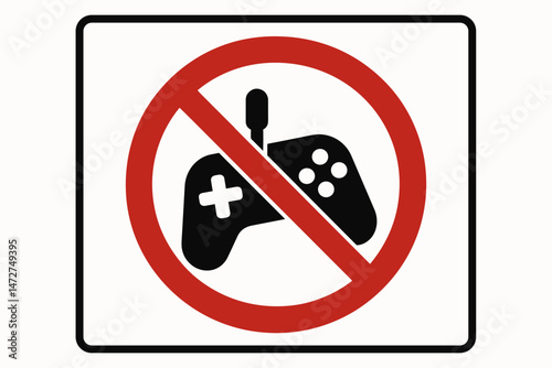 No Gaming Allowed Sign Vector Illustration. Red prohibition symbol over a black gamepad controller icon. Simple forbidden zone graphic for rules, regulations, and restricted areas.