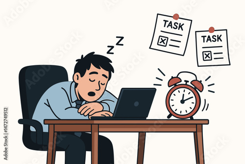 Overworked Office Employee Sleeping at Desk with Unfinished Tasks and Alarm Clock Illustrating Workplace Fatigue and Missed Deadlines in Modern Corporate Environment