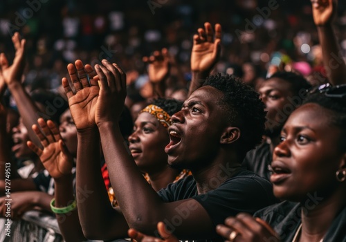 A crowd of concert attendees passionately claps and cheers, enjoying the live musical performance.