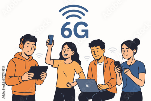 Diverse Young People Using Smartphones, Tablets, and Laptops with 6G Wireless Internet Technology, Modern Digital Communication, Connectivity and High-Speed Mobile Network Concept Illustration