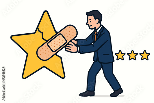 Businessman Repairing Broken Customer Rating Star with Bandage Patch, Concept of Restoring Client Trust, Service Recovery, Improving Reputation, Customer Satisfaction Illustration