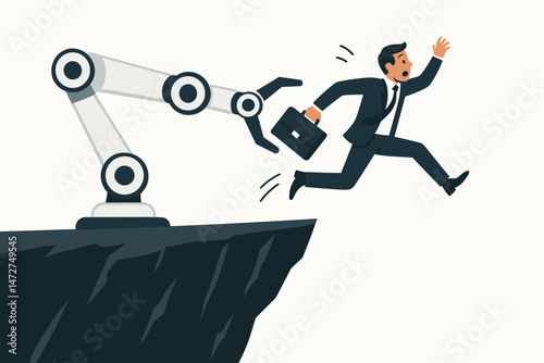 Businessman Running from Robot Arm Over Cliff Illustrating AI Automation Threat, Job Loss Anxiety, and Technology Impact on Employment in Modern Workplace, Conceptual Vector Illustration