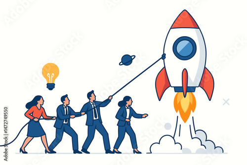 Business Teamwork Launching Startup Rocket, Creative Collaboration Concept with Executives Working Together to Achieve Innovation, Success, and Growth in Modern Corporate Environment