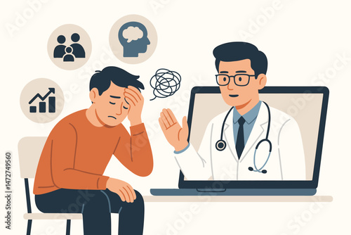 Telehealth Psychologist Consultation for Mental Health Support, Virtual Therapy Session with Depressed Patient, Online Counseling for Stress, Anxiety, Depression, Family and Personal Issues