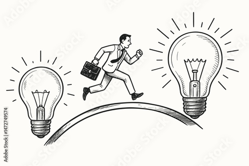Businessman Leaping with Briefcase Between Light Bulbs, Symbolizing Innovation, Creative Idea Generation, Career Progress, and Success in Hand-Drawn Sketch Style Illustration