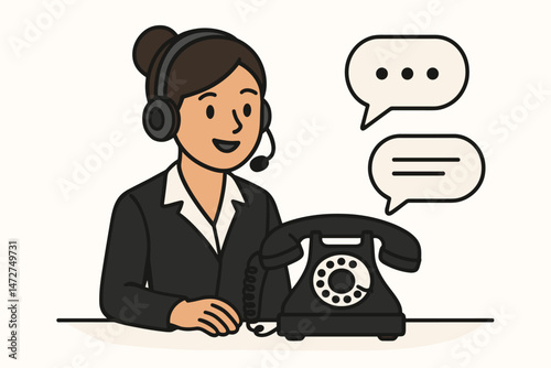 Vintage Call Center Operator: Smiling female agent wearing a headset provides hotline support next to a classic black rotary telephone. Simple vector illustration for customer service communication.