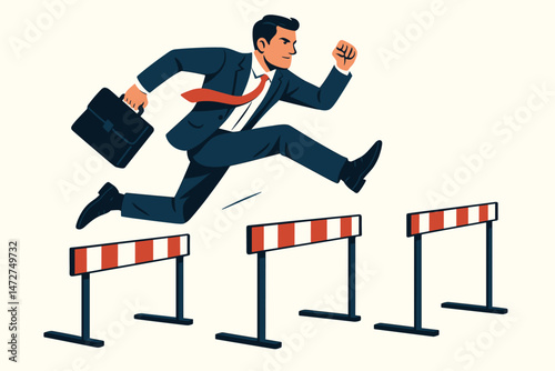 Ambitious businessman jumping over obstacles. Metaphor for conquering challenges, achieving goals, career growth, determination, and business success. Modern vector graphic style.