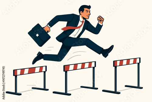 Professional businessman confidently jumping over multiple hurdles, a metaphor for overcoming obstacles, business challenges, competition, and achieving success through determination.
