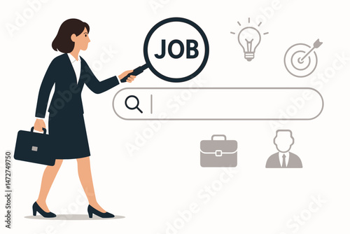 Businesswoman uses magnifying glass for online job search, vector illustration concept for career opportunity, recruitment, employment, finding work, and human resources website banner.