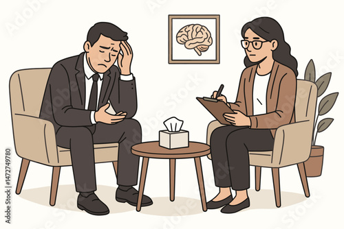 Vector illustration depicting a mental health therapy session where a troubled businessman discusses his problems with a supportive female therapist in a professional office setting.