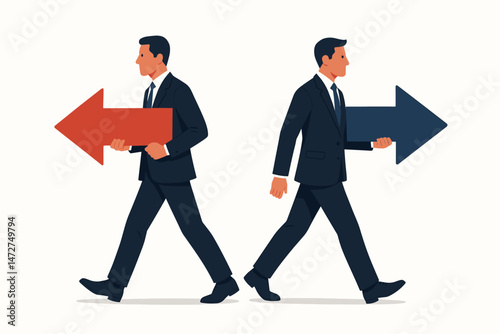 Contrasting Business Paths: Vector illustration of two businessmen holding red and blue arrows, walking in opposite directions representing different choices, strategies, or disagreements.