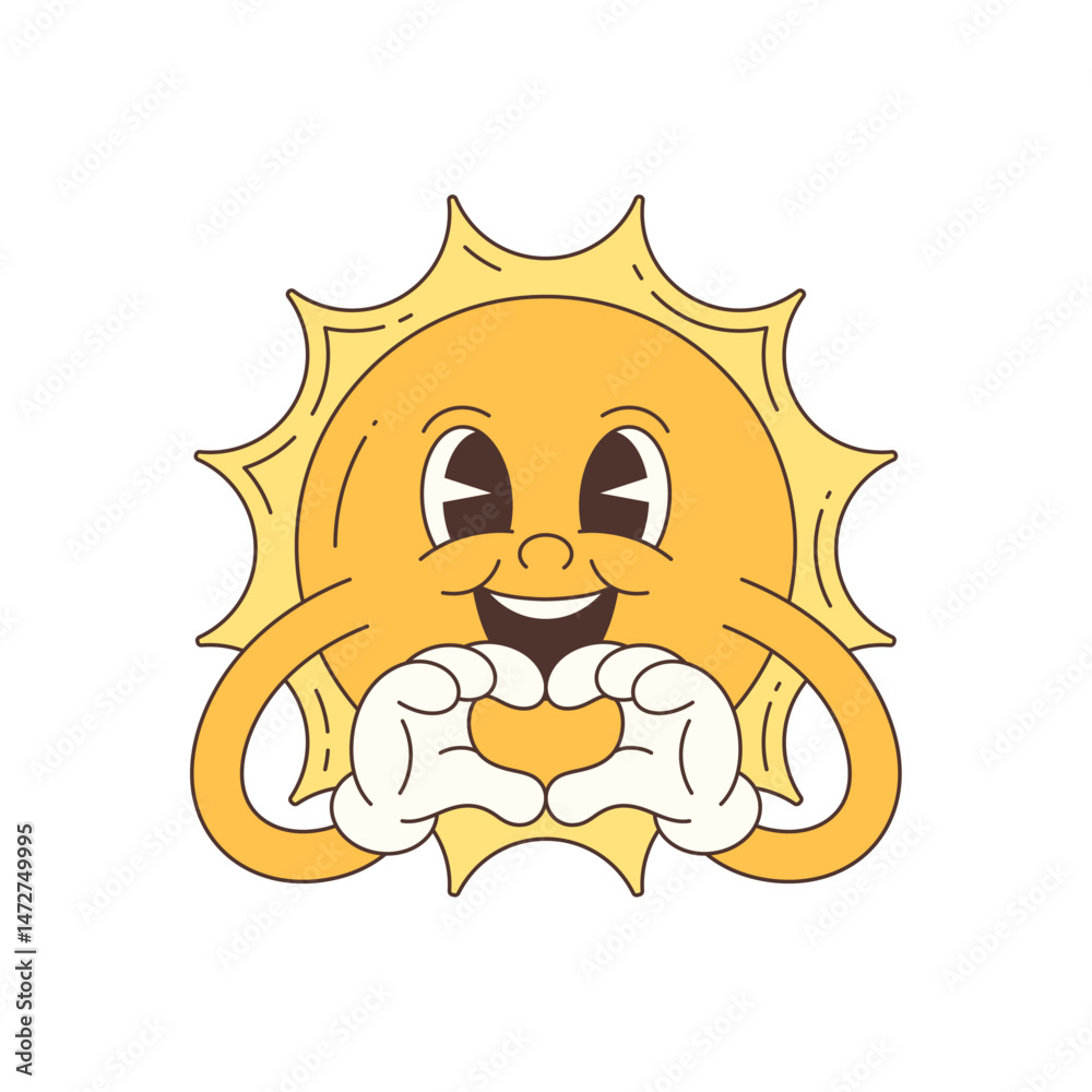Funny smiling cartoon sun character with expressive face and gloved hands forming a heart shape. Bright and cheerful design ideal for positive themes and seasonal projects. Vector illustration