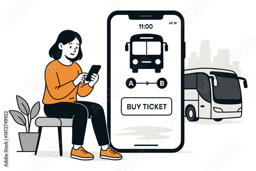 Online bus ticket booking concept with woman using smartphone app. Vector graphic showing mobile travel reservation, public transportation purchase, digital ticketing service illustration.