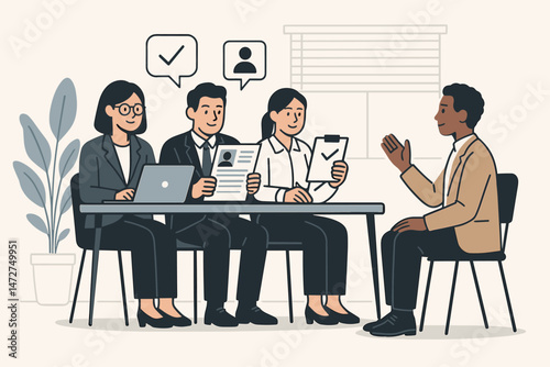 Job interview process illustration showing diverse hiring managers evaluating a candidate. HR team reviewing resume and conducting assessment for employment selection in office.
