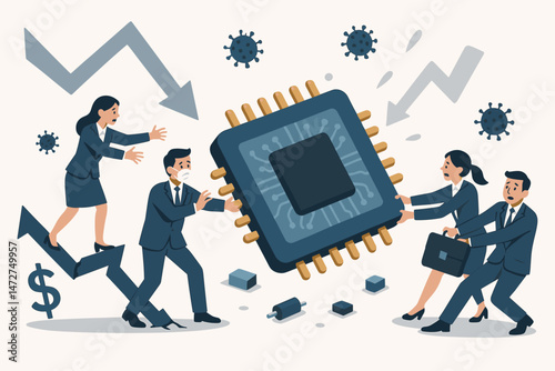 Vector art depicting business professionals battling the global chip supply crisis and economic recession triggered by virus pandemic, showcasing semiconductor shortage impact.