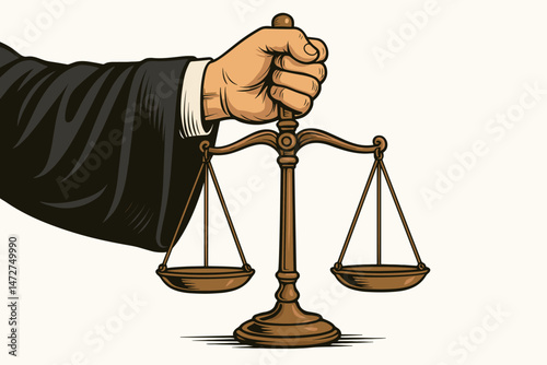 Vintage vector illustration of a judge's hand holding balanced scales. Symbol of justice, law, equality, court proceedings, fairness, and legal authority isolated design element.