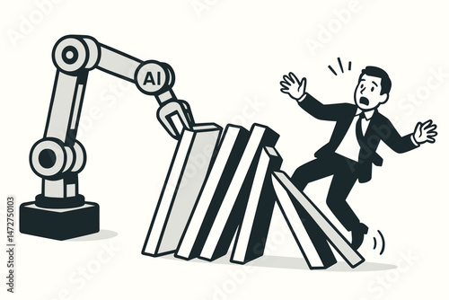 Minimalist Vector Illustration: AI Robot Arm Pushes Dominoes, Starting Chain Reaction That Knocks Over Panicked Businessman, Representing Tech Disruption, Automation Fears, Job Loss.