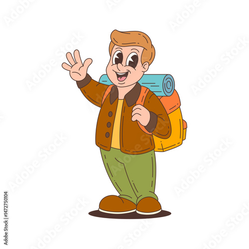 Brightly colored cartoon character cheerfully waving, wearing a backpack with sleeping bag, dressed in hiking gear, ready for outdoor adventure. Vector illustration