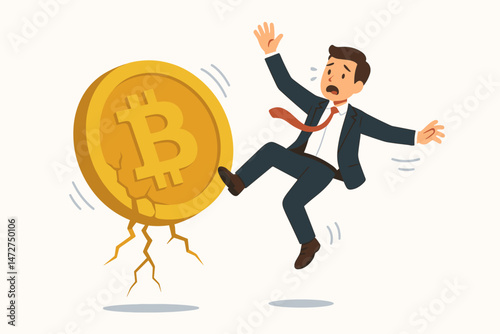 Bitcoin crash vector illustration shows panicked investor falling from cracked crypto coin, depicting financial market instability, cryptocurrency risk, economic downturn, and loss.
