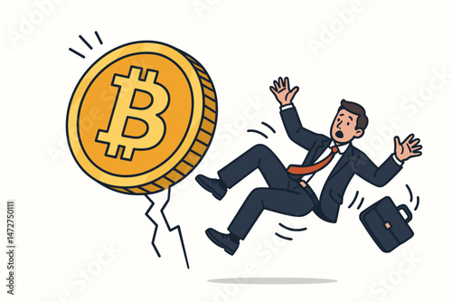 Panicked businessman investor falling from unstable cracking Bitcoin coin, illustrating crypto market crash, financial crisis, investment loss, volatility, and risk vector cartoon.
