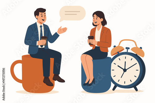 Man and woman in business suits chat during coffee break, perched on giant cup and alarm clock. Flat vector graphic symbolizing office interaction, communication, and time management.