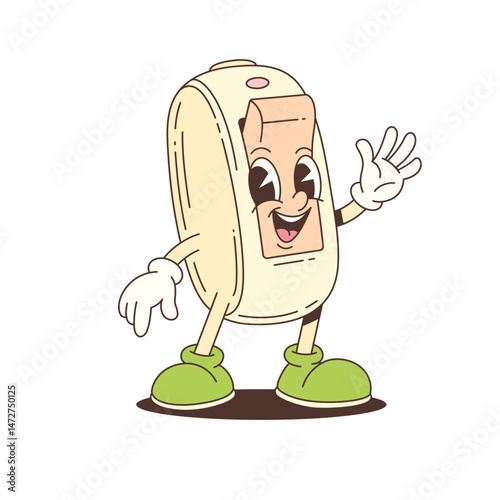 Funny mascot character illustrated as an electric light switch with a smiling face, big eyes, gloves, and green shoes. Suitable for creative designs and energy themes. Vector illustration