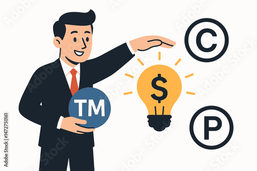 Intellectual property protection concept with businessman holding TM symbol, covering valuable idea lightbulb, near copyright and patent signs. Flat vector for IP law and rights.