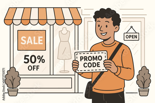 Vector illustration of a cheerful man presenting a promo code voucher outside a fashion boutique window displaying a 50% off sale sign. Concept of retail savings and promotions.