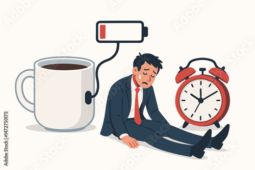 Burnout concept vector illustration. Exhausted businessman with low energy battery symbol recharging from a huge coffee mug. Stressed office worker needing caffeine boost near clock.