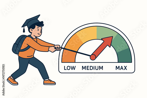 Young student graduate pulling effort meter arrow towards maximum, symbolizing maximizing skill growth, achieving peak performance, and reaching full potential in education or career.