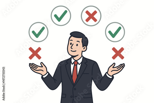 Decision making concept vector illustration with a businessman character juggling positive green check marks and negative red crosses, representing evaluation, choice, strategy, and weighing options.