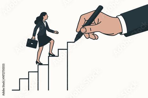 Mentor's hand drawing career path steps for ambitious businesswoman climbing the corporate ladder. Concept of guidance, support, coaching, and professional development vector art.