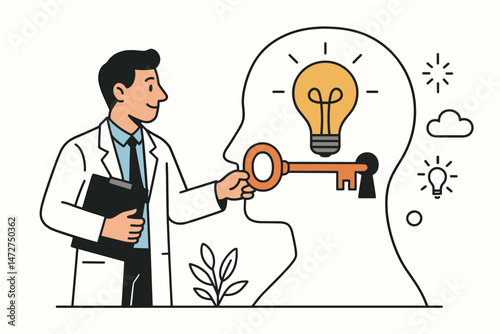 Doctor unlocking creative potential in a mind with a key, revealing a lightbulb idea. Mental health therapy concept vector illustration for psychology, innovation, and problem-solving.