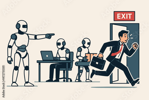 Automation anxiety illustrated: Robot manager dismisses human employee who flees the office as androids assume his tasks. Vector graphic depicting AI job displacement fears.