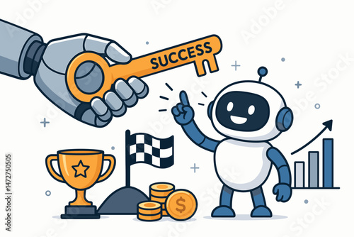 Vector illustration of a robotic hand offering the key to success to a cheerful robot mascot symbolizing achievement, financial growth, and winning goals with trophy and chart.