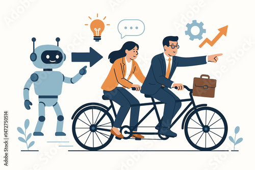 Business Team Collaborating on Tandem Bike Guided by AI Robot Towards Growth and Innovation Flat Vector Illustration showing Partnership, Strategy, Success, Future Technology Support.