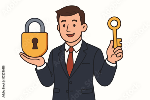 Smiling businessman holding a golden key and padlock representing secure business opportunities, access control, finding solutions, and unlocking potential success concept vector illustration.