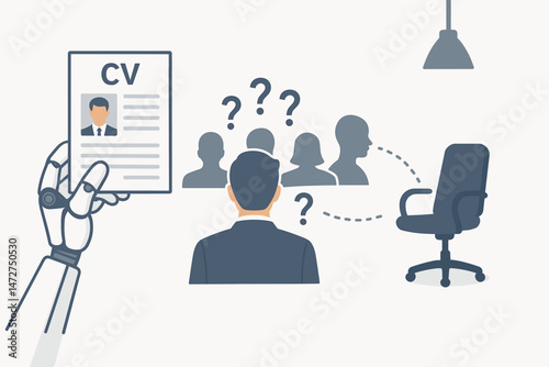 Artificial Intelligence revolutionizing hiring: Robot hand reviews CV while diverse candidates question selection process for vacant job illuminated by spotlight, illustrating HR tech.