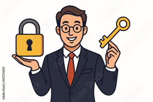 Professional cartoon businessman with glasses presents a golden padlock and key, representing secure solutions, unlocking business potential, data protection, and finding the key to success.