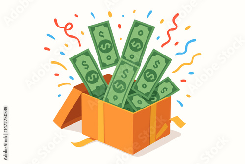 Vector illustration of a celebration gift box filled with money, representing a cash prize, bonus, jackpot win, financial success, unexpected income, wealth, or lottery victory with confetti.