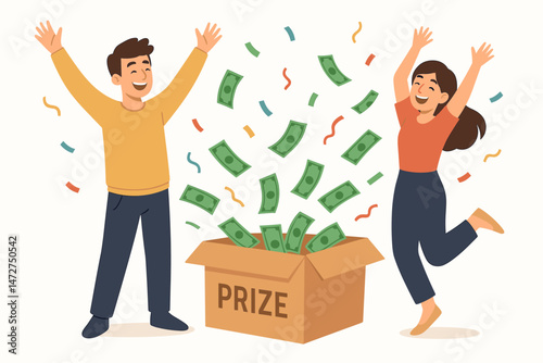 Excited couple celebrating lottery win, overjoyed man and woman jumping with arms raised as cash money explodes from prize box amidst confetti, financial success vector cartoon.